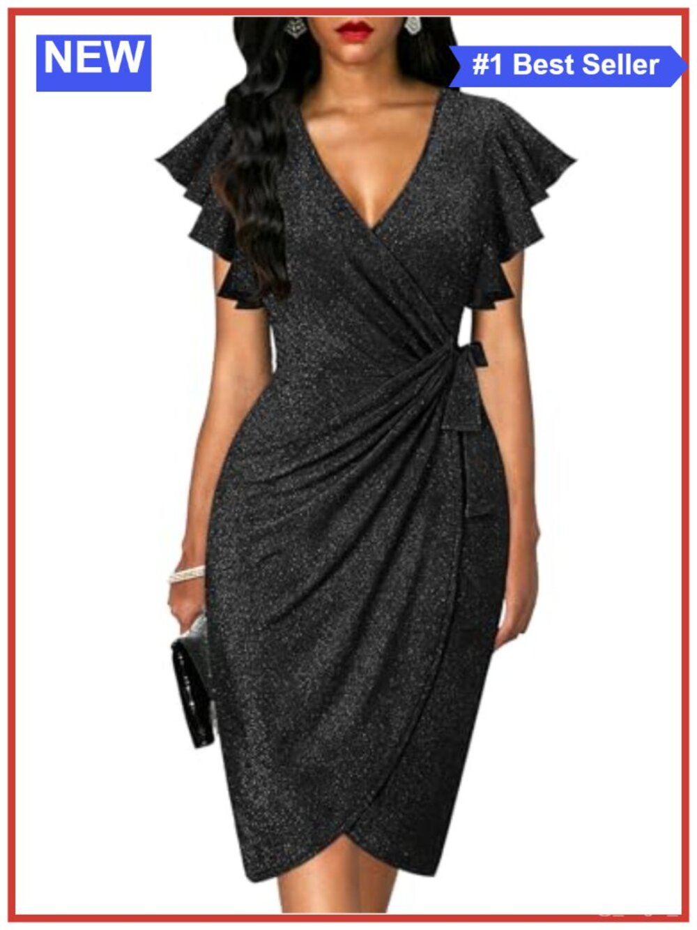 Womens Deep V Neck Ruffle Sleeve Faux Wrap Cocktail Work Dress